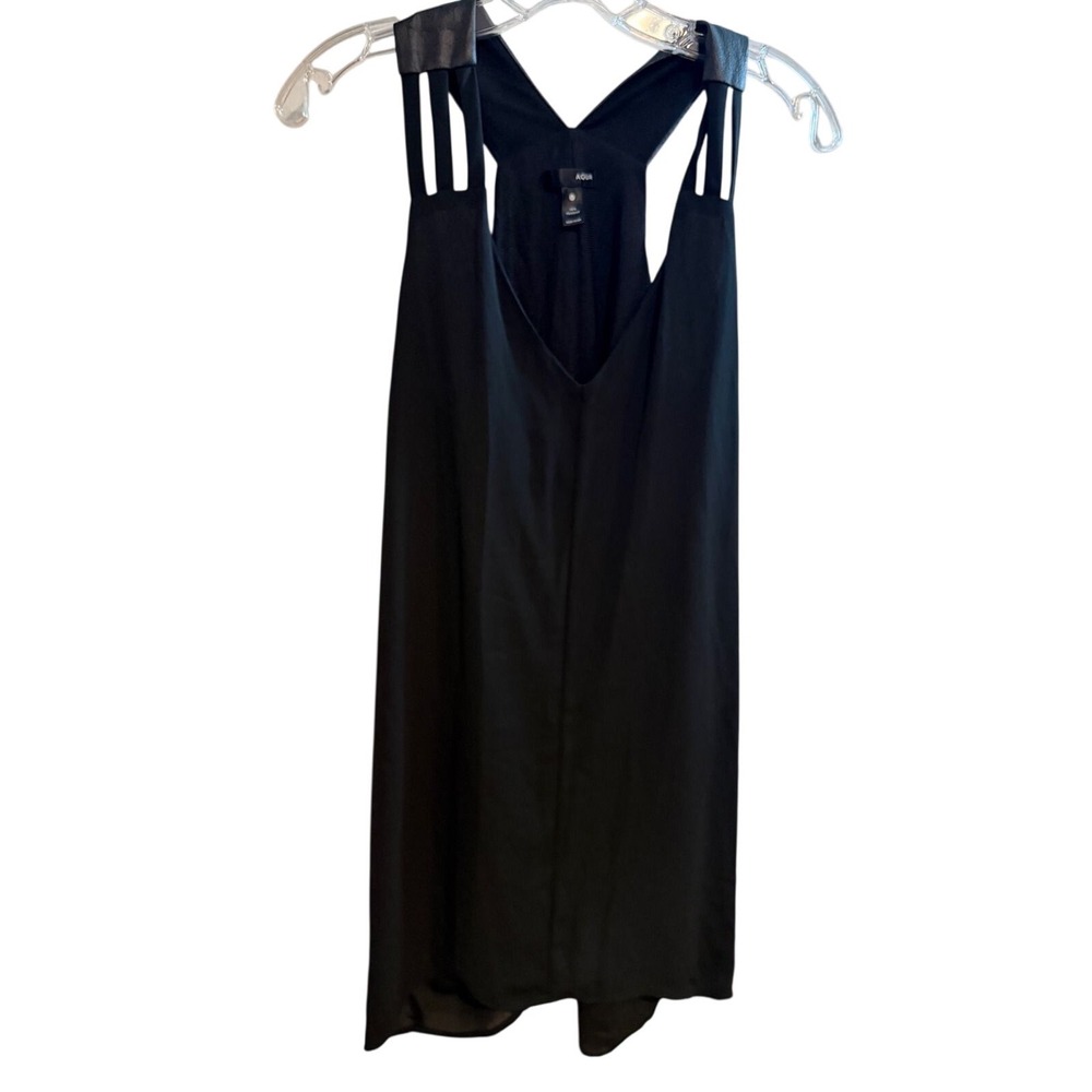 Aqua Black Sleeveless V-Neck Mini Dress Faux Leather Trim Strappy Racerback M